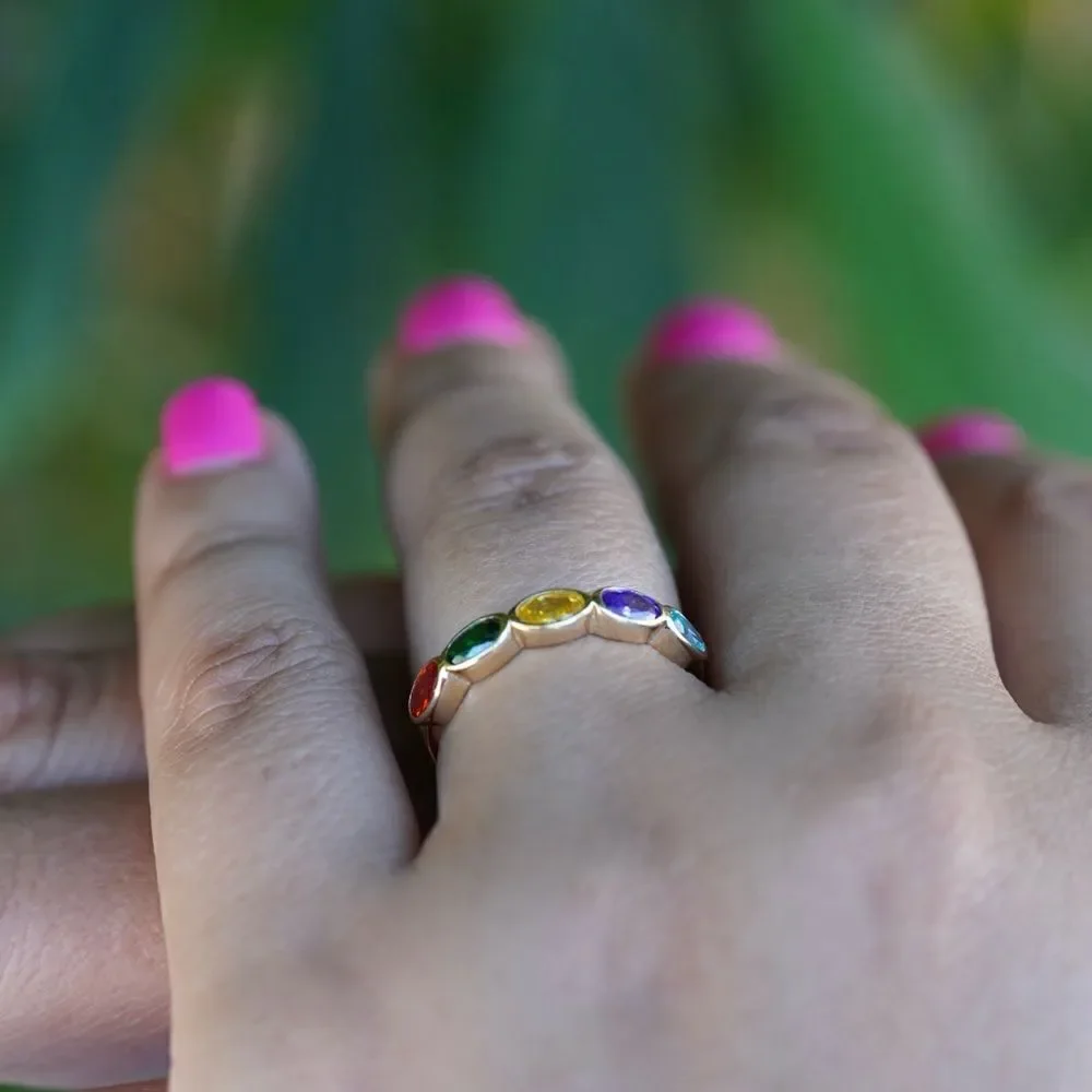 14k Solid Gold Multi-Color Stone Ring | Size 7 | Dainty Gemstone Ring |
